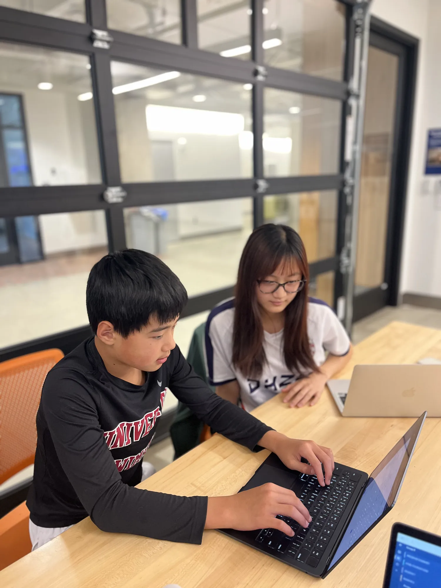 Two students work through a lesson together on a laptop