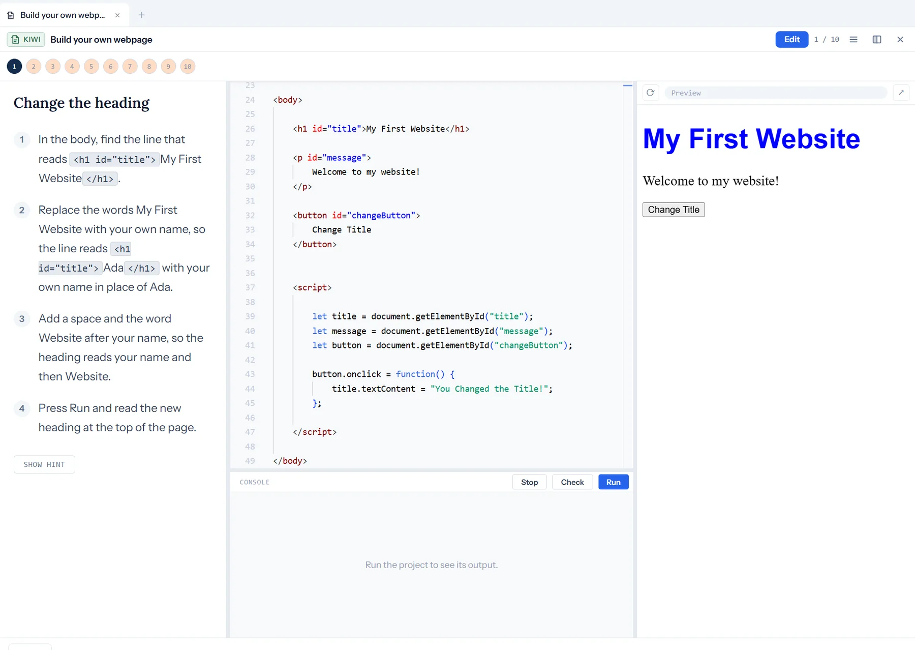 A CurioLab lesson: instructions on the left, HTML code in the middle, and a live preview of the student's first website on the right