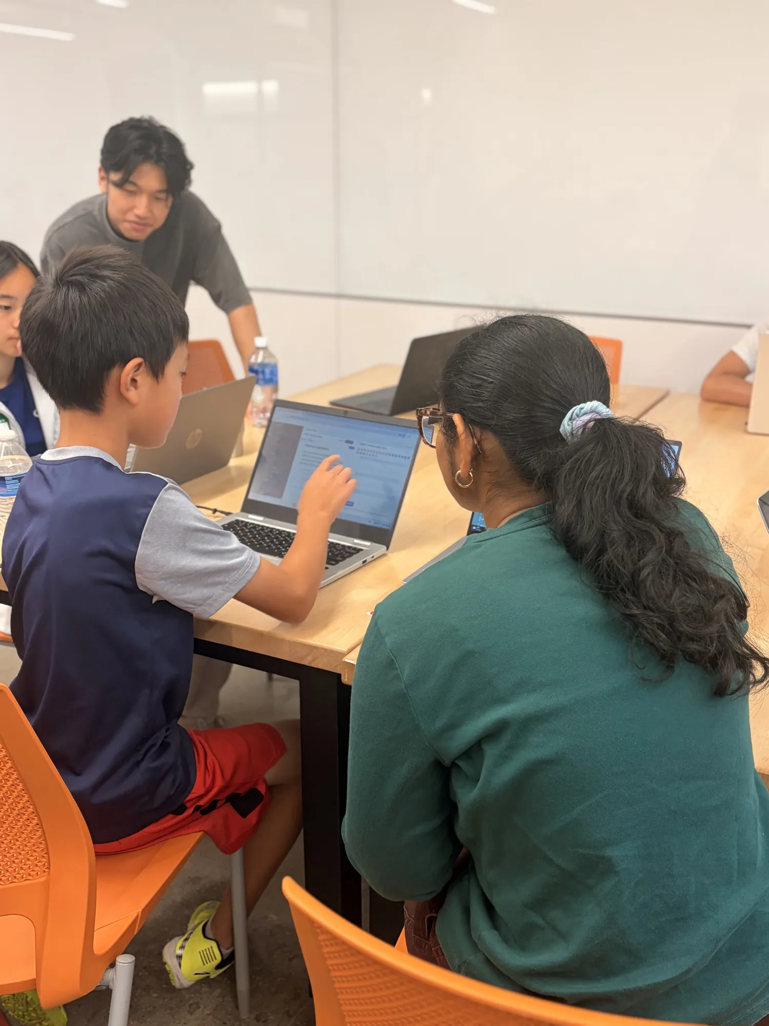A university mentor helps a student at his laptop